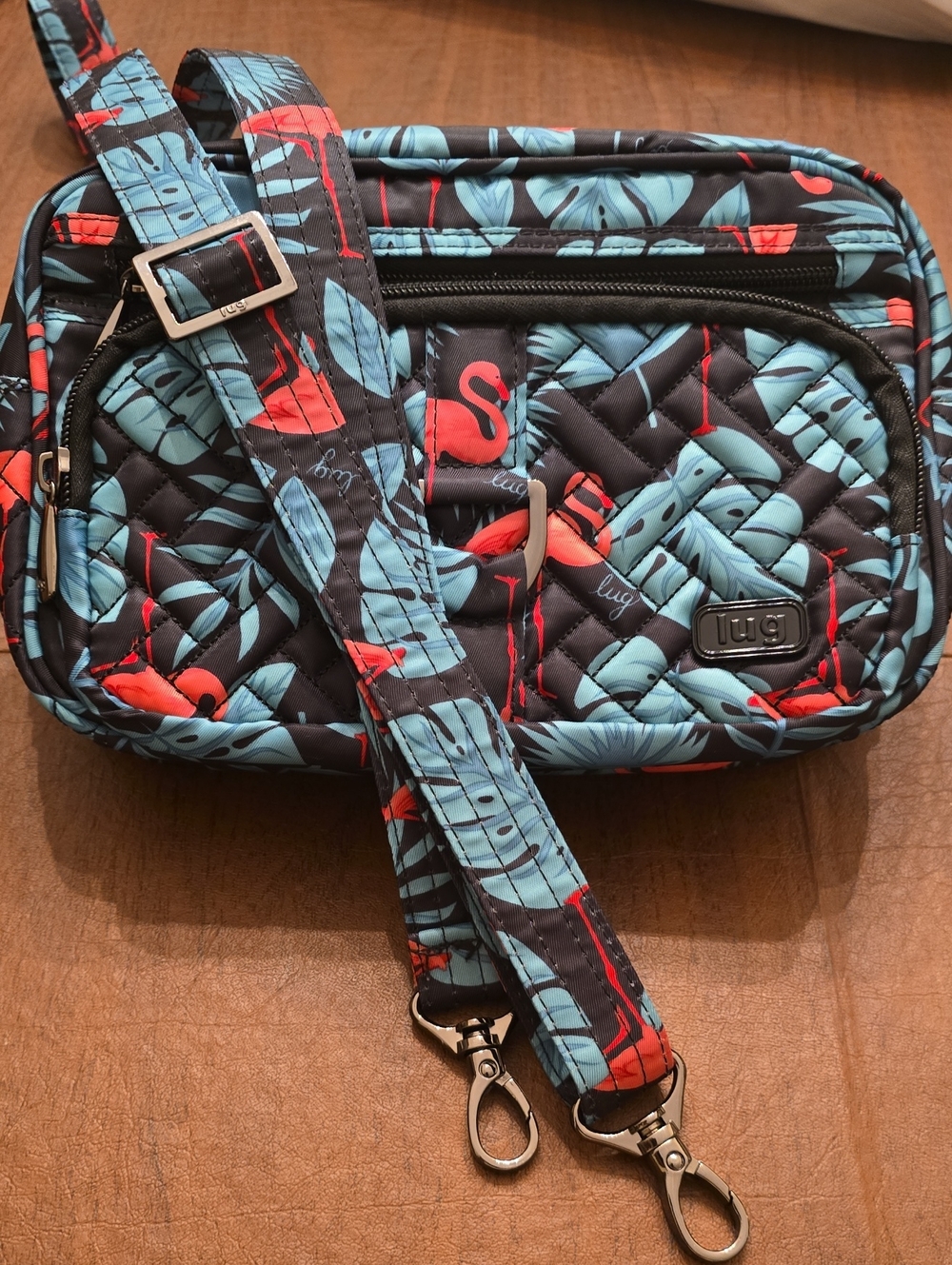 Lug Carousel Convertible Crossbody / Belt Bag in Flamingo Black tropical print